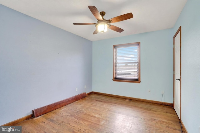 empty room featuring ceiling fan and light hardwood / wood-style floors