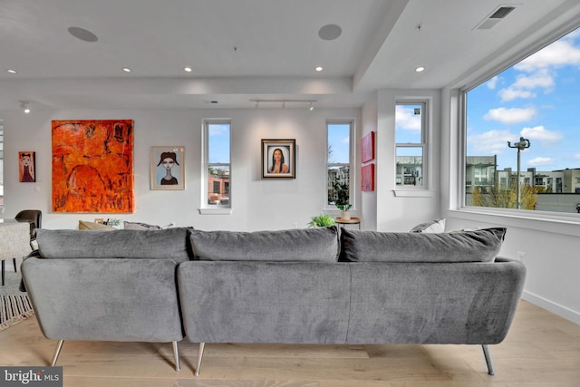 living room featuring light wood-type flooring and a wealth of natural light