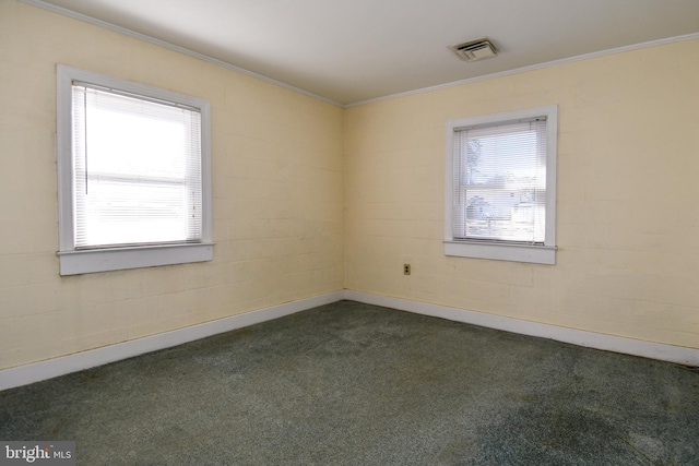 carpeted empty room with ornamental molding and plenty of natural light