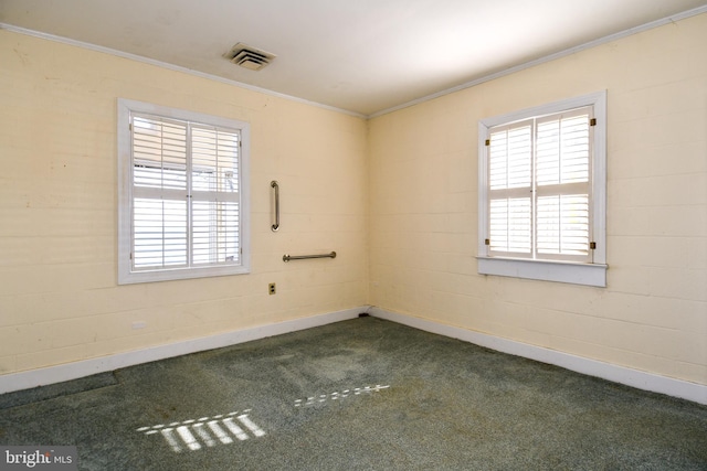 empty room with crown molding, plenty of natural light, and carpet flooring