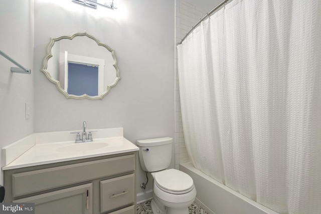 full bathroom featuring vanity, shower / bath combination with curtain, and toilet