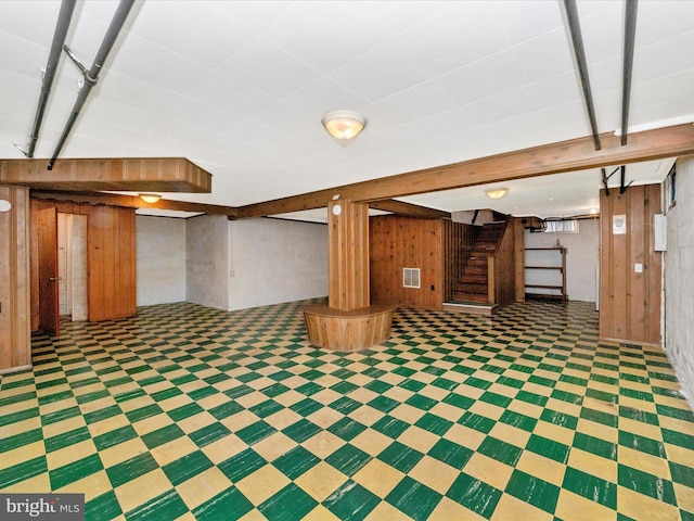 basement with wooden walls