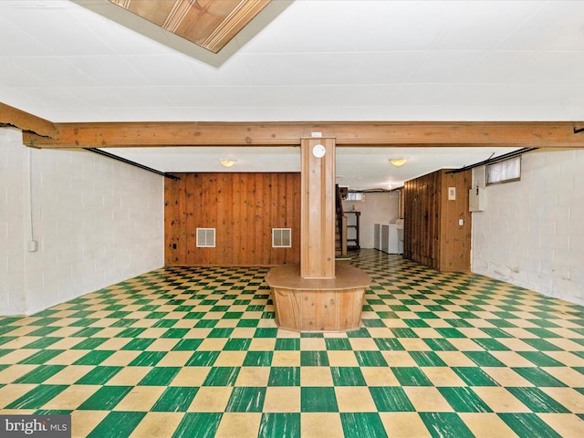 basement featuring wood walls