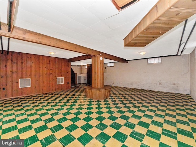 basement featuring wooden walls