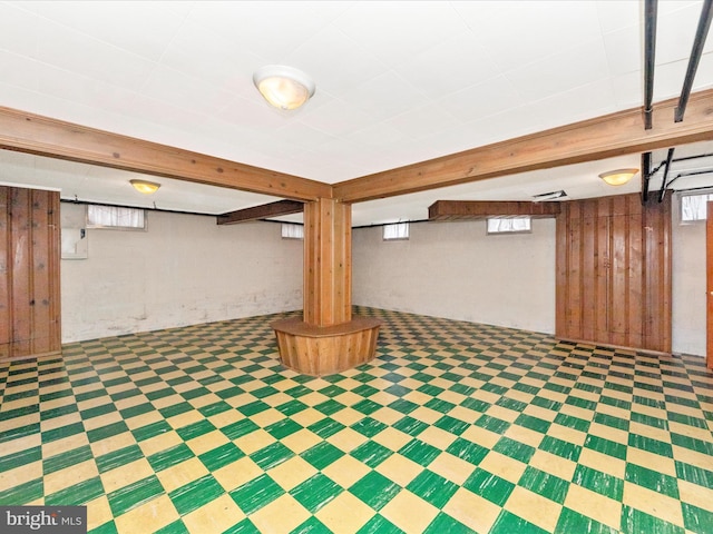 basement featuring wood walls