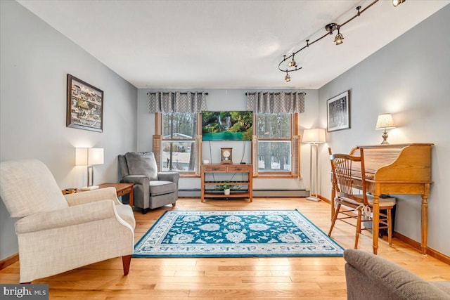 living area with hardwood / wood-style flooring and rail lighting