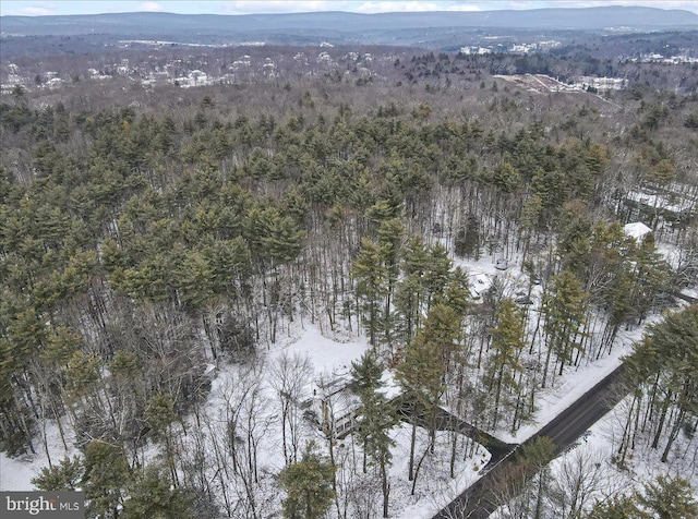 snowy aerial view with a mountain view