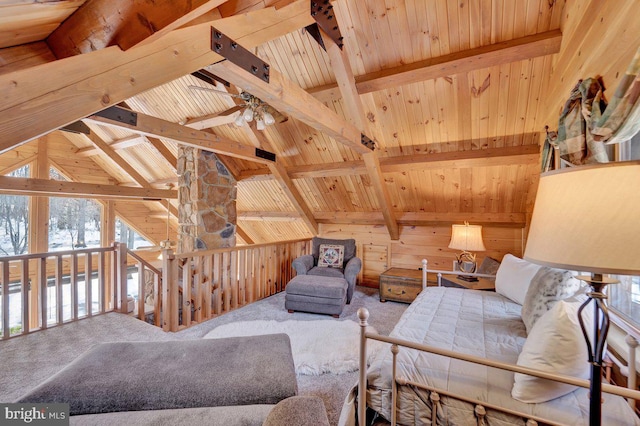 living room featuring wood walls, lofted ceiling with beams, carpet flooring, ceiling fan, and wood ceiling