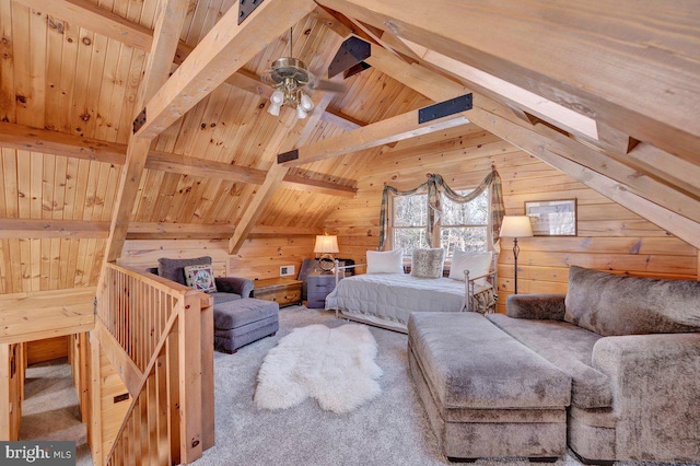 bedroom with carpet floors, vaulted ceiling with beams, wooden ceiling, and wooden walls