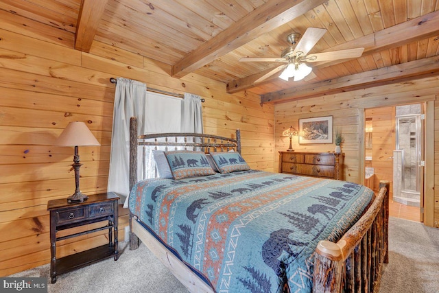 bedroom with wooden walls, carpet floors, ceiling fan, wood ceiling, and beam ceiling