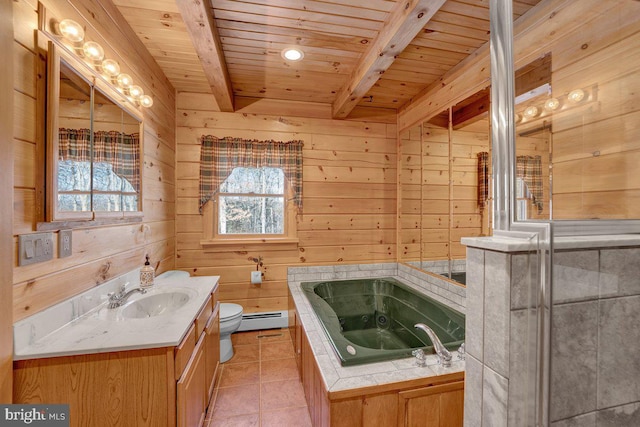 bathroom featuring beam ceiling, a baseboard heating unit, wood ceiling, and wood walls