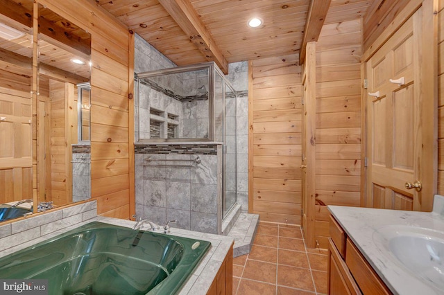 bathroom with wood ceiling, wooden walls, separate shower and tub, and tile patterned flooring