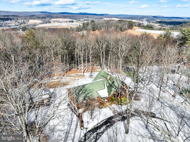 snowy aerial view featuring a mountain view