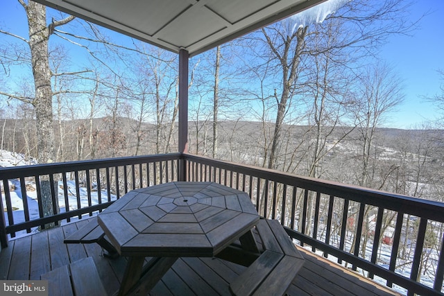 view of snow covered deck