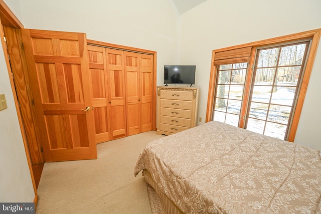 bedroom featuring light carpet, lofted ceiling, and a closet