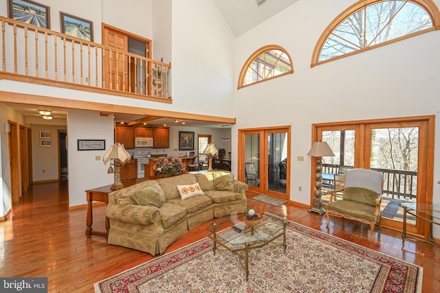 living room with light hardwood / wood-style flooring and french doors