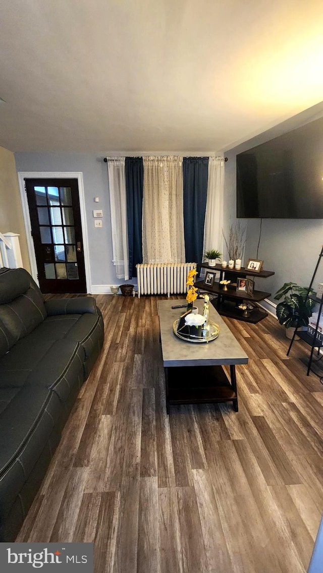 living room with radiator and hardwood / wood-style floors