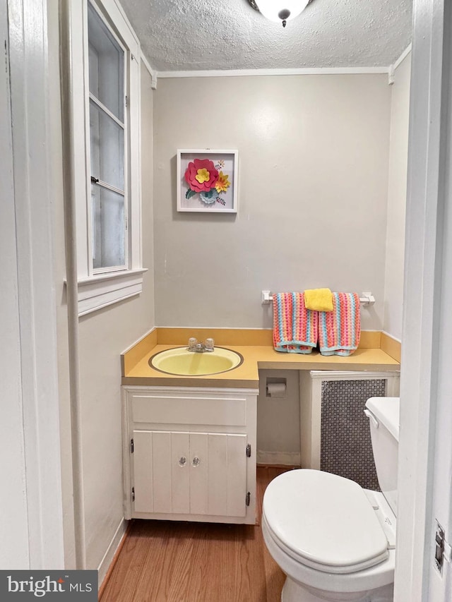 bathroom with vanity, hardwood / wood-style flooring, a textured ceiling, and toilet