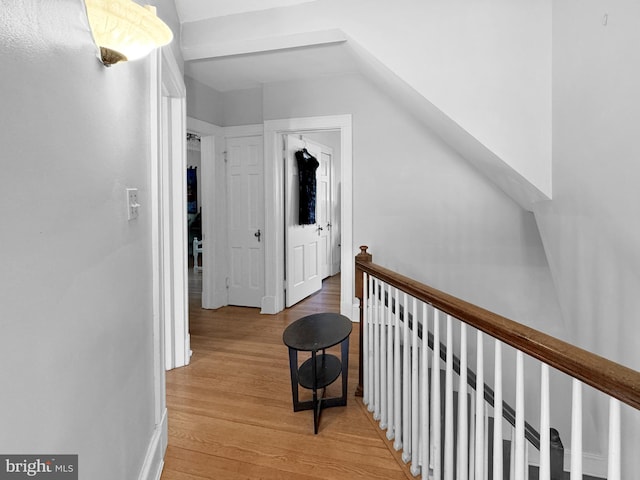 hall featuring hardwood / wood-style flooring and lofted ceiling