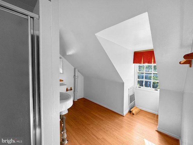 bathroom featuring wood-type flooring and vaulted ceiling