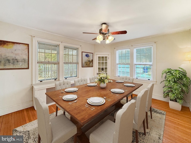 dining area featuring ceiling fan and light hardwood / wood-style floors