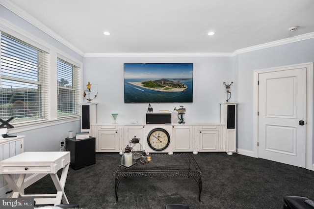 carpeted living room featuring ornamental molding