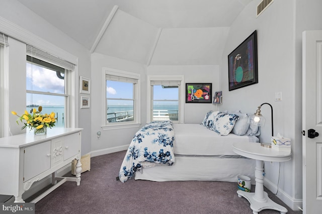 bedroom with a water view, lofted ceiling, multiple windows, and dark colored carpet