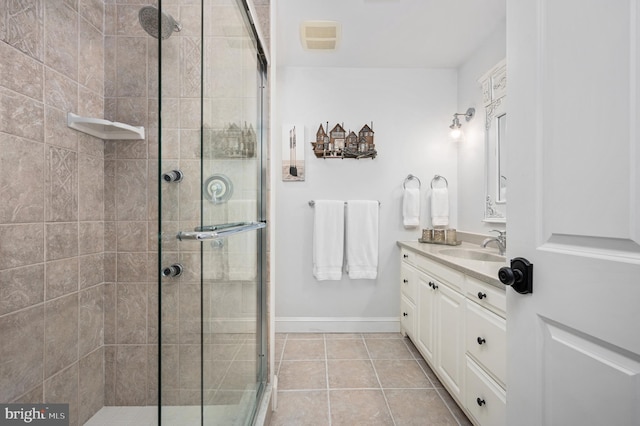 bathroom with walk in shower, tile patterned floors, and vanity