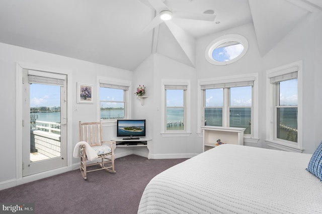 carpeted bedroom featuring access to exterior and vaulted ceiling