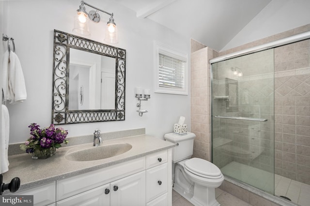 bathroom featuring lofted ceiling, toilet, a shower with door, and vanity