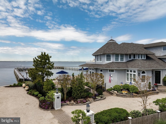 view of front facade featuring a water view