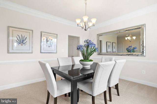 dining space with ornamental molding, light carpet, and a notable chandelier