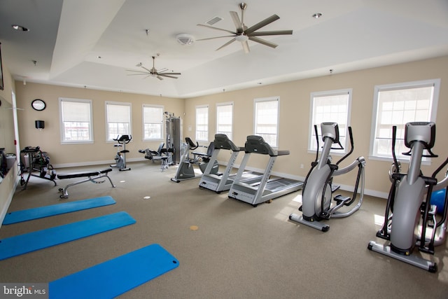 gym featuring plenty of natural light, a raised ceiling, and ceiling fan