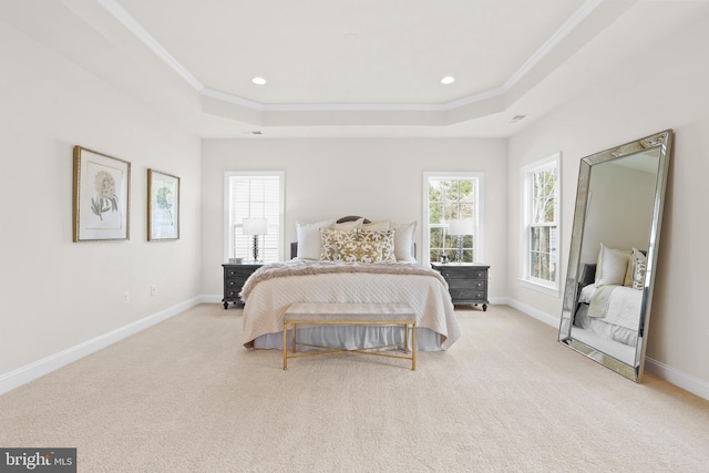 carpeted bedroom with crown molding and a tray ceiling