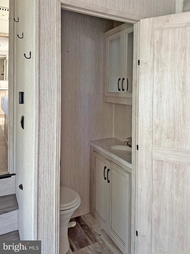 bathroom with vanity, toilet, and hardwood / wood-style floors