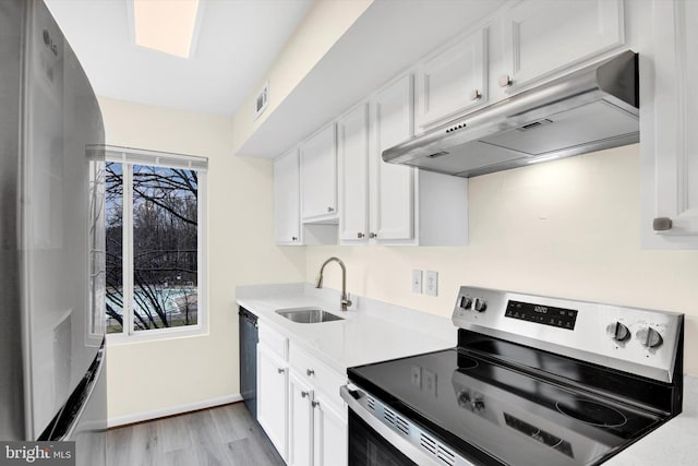 kitchen with white cabinetry, sink, exhaust hood, stainless steel appliances, and light hardwood / wood-style flooring