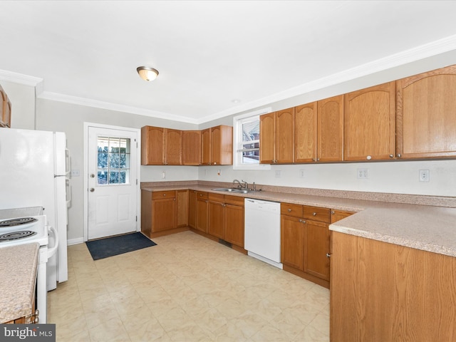 kitchen with crown molding, white appliances, and sink