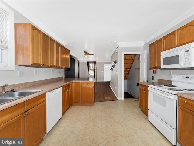 kitchen featuring ceiling fan, sink, and white appliances