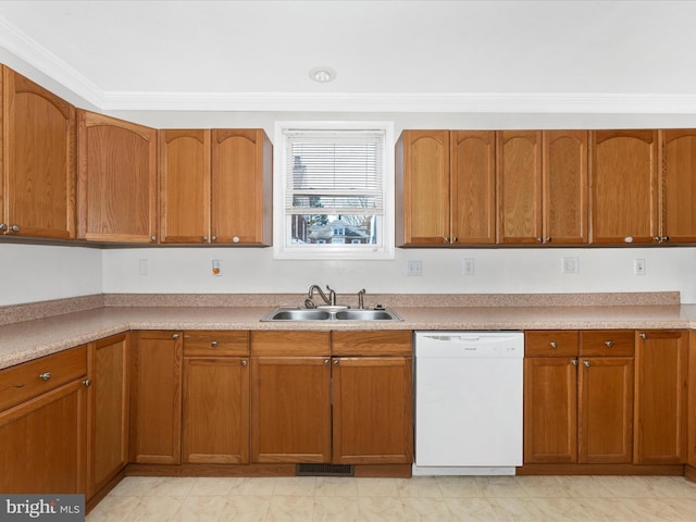 kitchen featuring dishwasher, sink, and ornamental molding