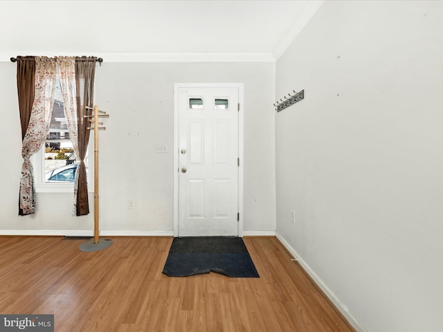 entrance foyer featuring ornamental molding and wood-type flooring