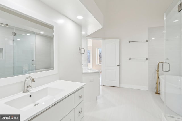 bathroom with vanity and plus walk in shower