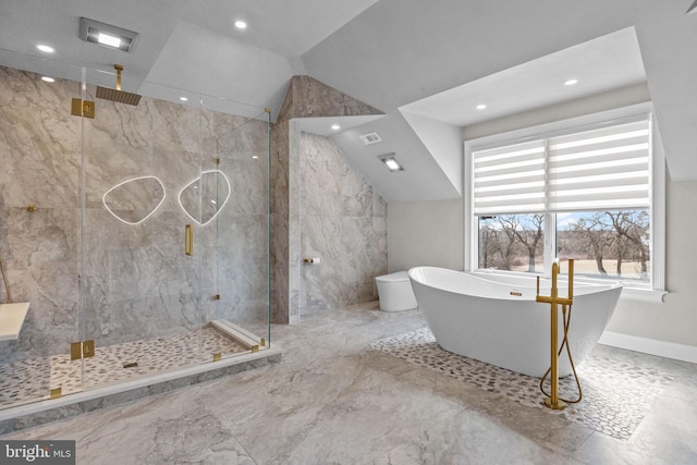 bathroom with vaulted ceiling and shower with separate bathtub