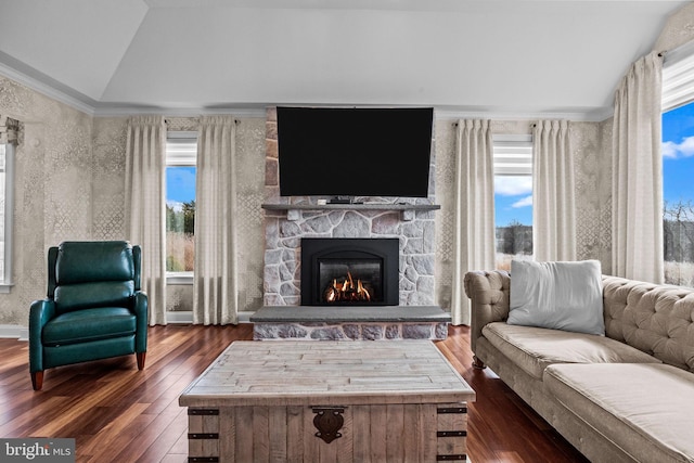 living room featuring a fireplace, dark wood-type flooring, and lofted ceiling