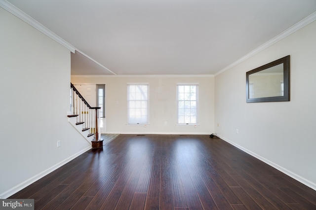 unfurnished living room with ornamental molding and dark hardwood / wood-style flooring