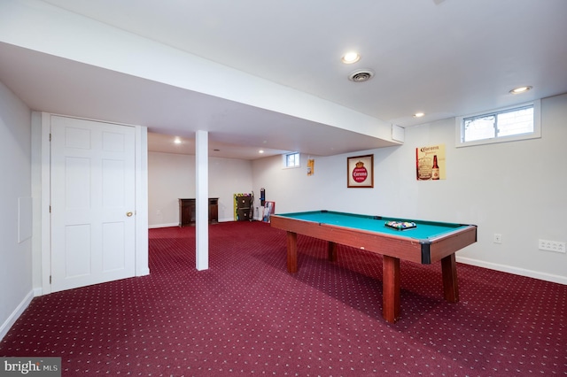 recreation room with carpet and billiards