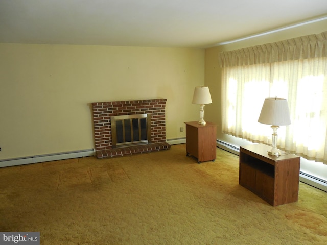 unfurnished living room featuring light carpet, a brick fireplace, and a baseboard heating unit