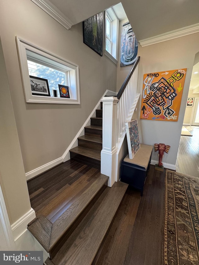 stairway featuring hardwood / wood-style flooring and crown molding