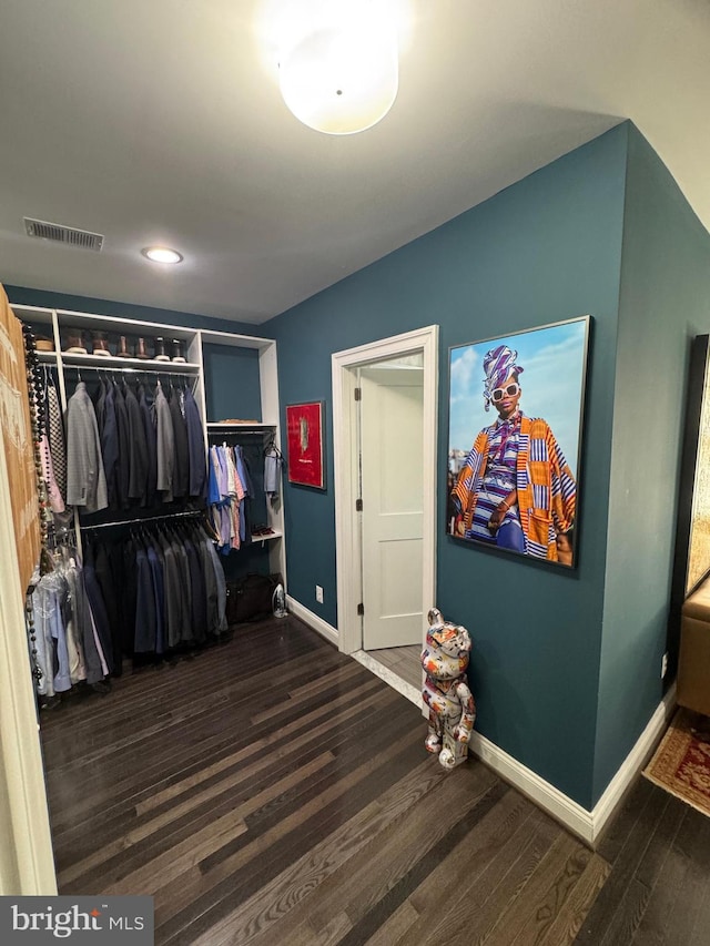 spacious closet with dark wood-type flooring