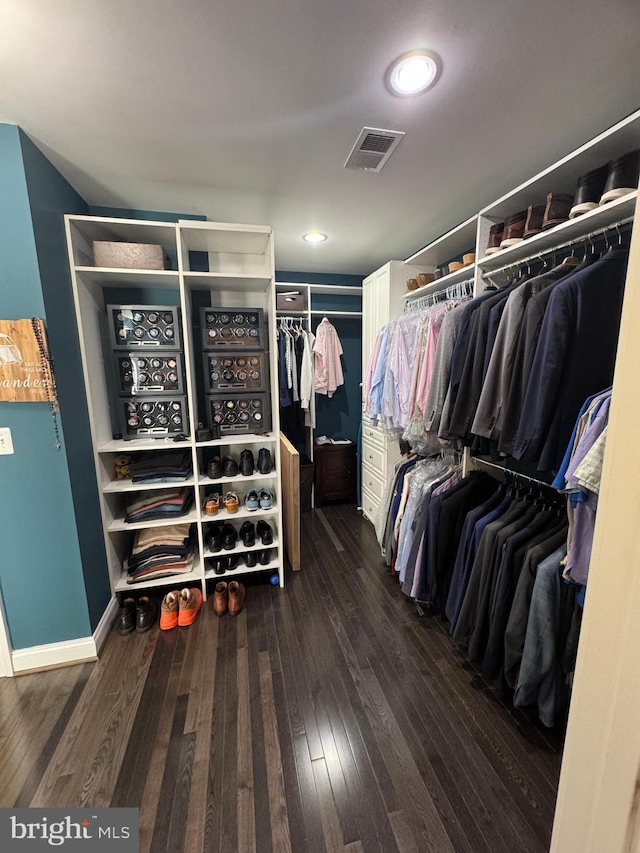 walk in closet with dark wood-type flooring