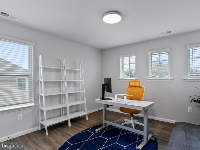 office area featuring plenty of natural light and dark hardwood / wood-style floors